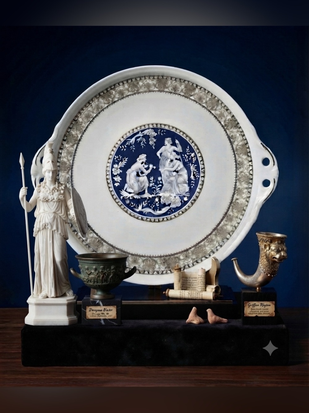 Decorative White Ceramic Serving Platter with Navy Medallion-Lagoon